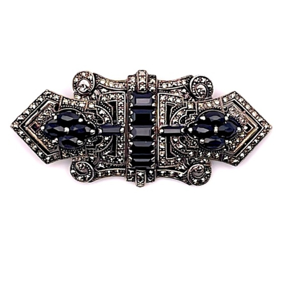 Vintage Art Deco Convertible Sterling Brooch Duette Dress Clip Set Black Crystal